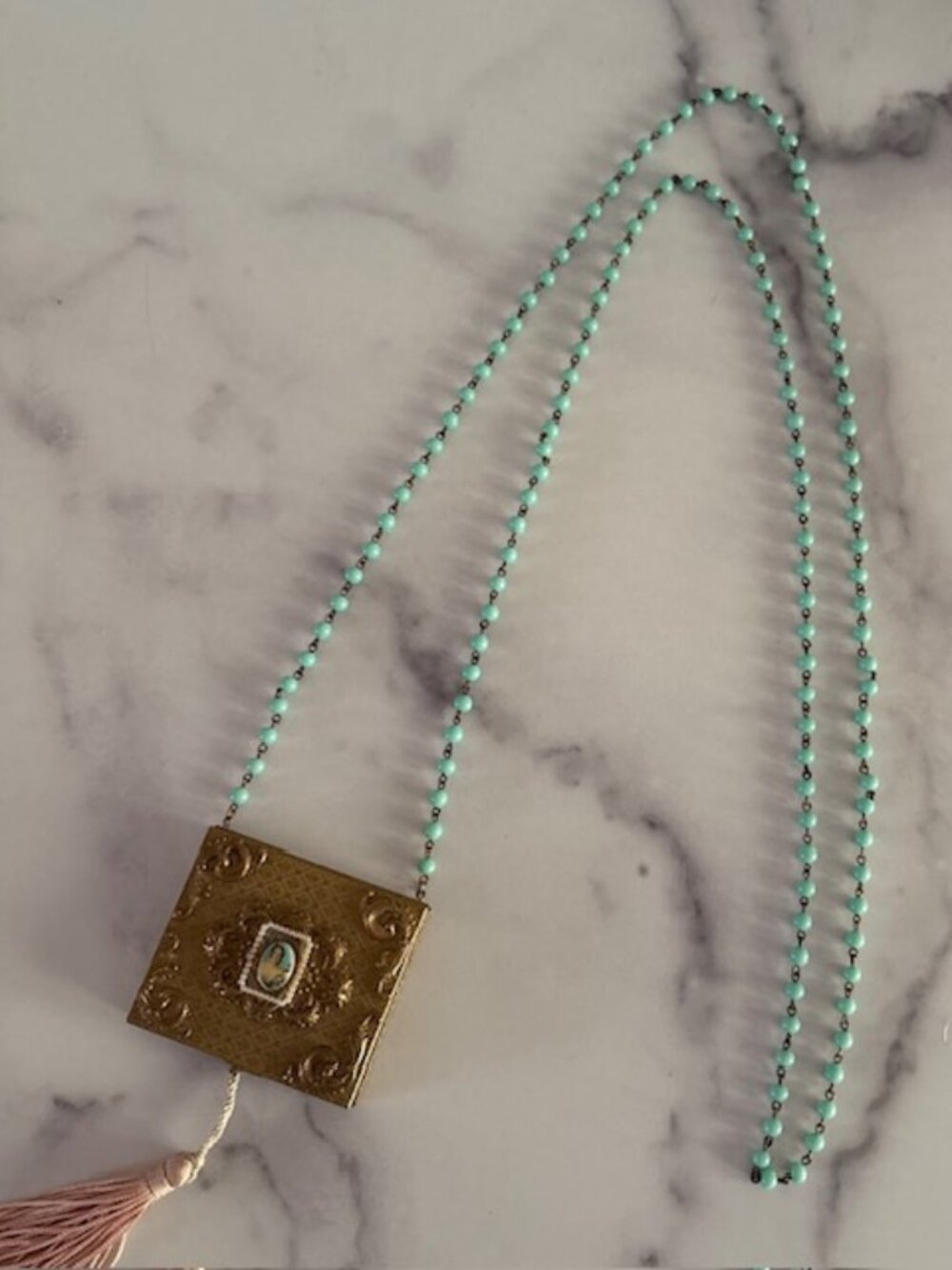 VINTAGE 1960S Super Rare TRADITION Compact Necklace with Tassel & Cameo England